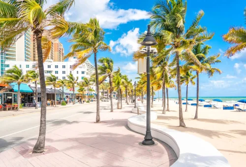 "Palm-lined oceanfront promenade with beach and resorts in tropical city"