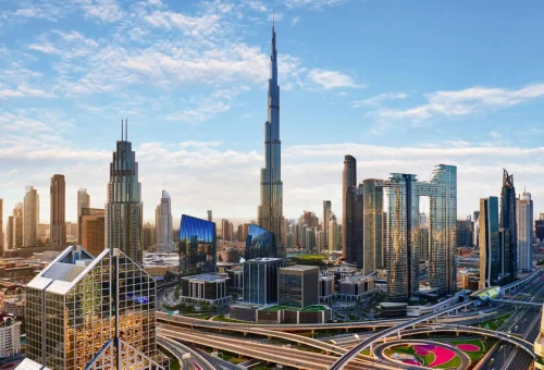 "Skyline view of Downtown Dubai with Burj Khalifa and modern skyscrapers"