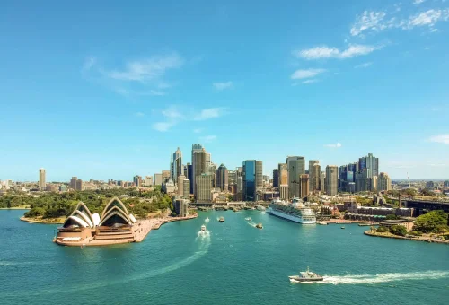 "Aerial view of Sydney Harbour with Opera House and city skyline, Australia"