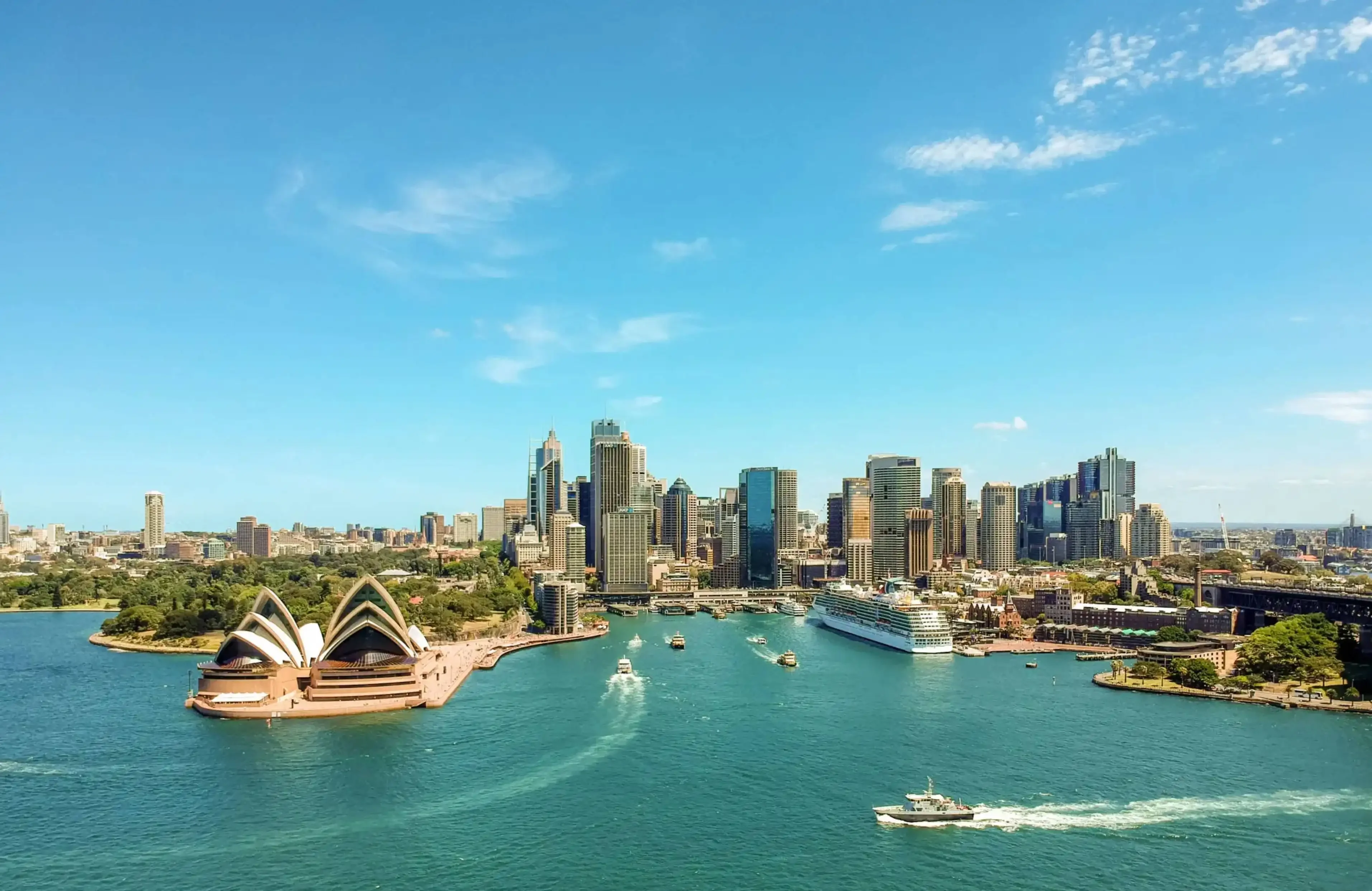 "Aerial view of Sydney Harbour with Opera House and city skyline, Australia"