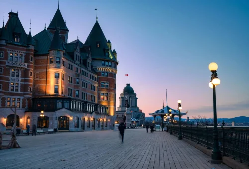 "Evening view of Château Frontenac and Dufferin Terrace boardwalk in Quebec City, Canada"