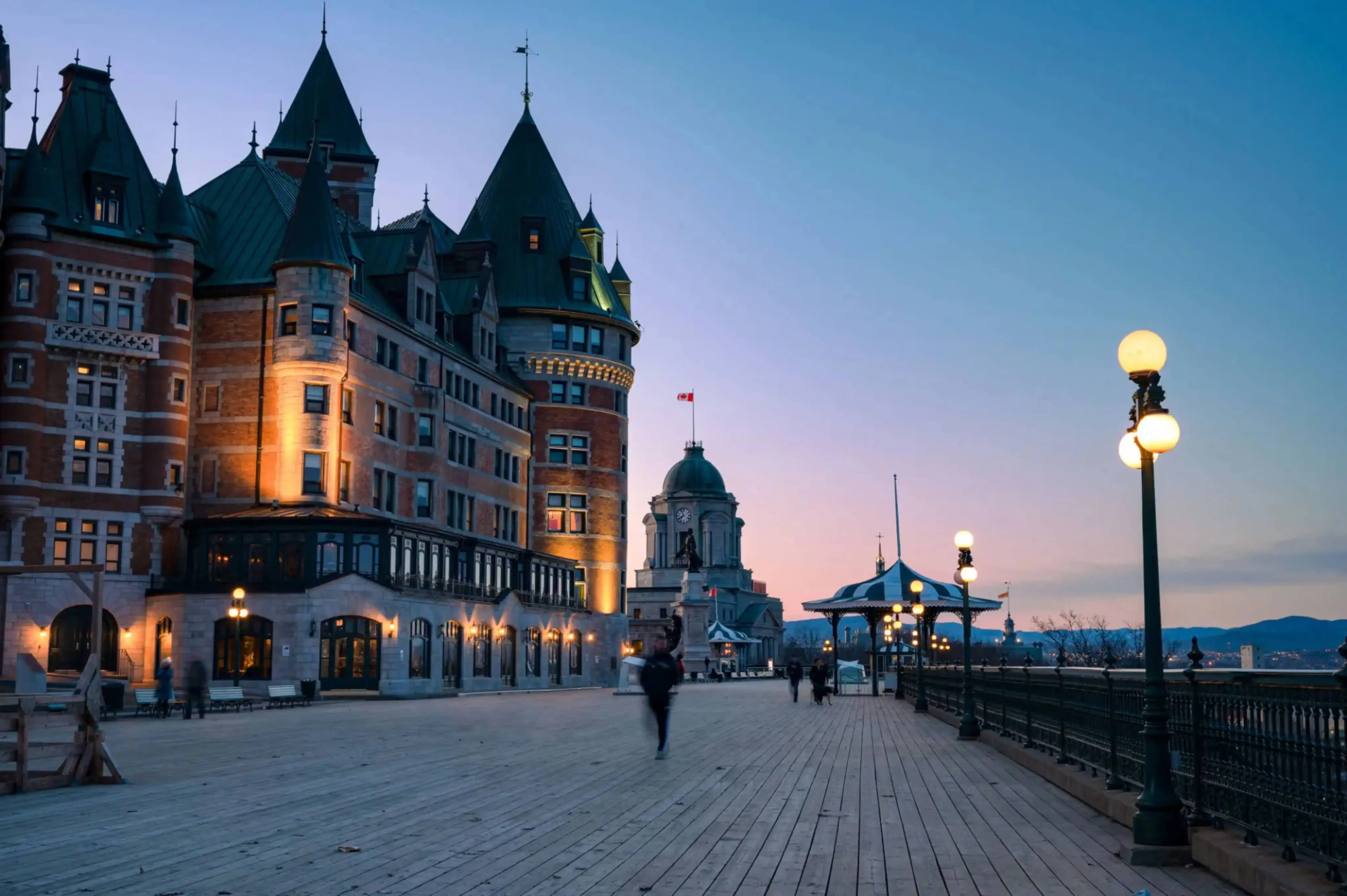 "Evening view of Château Frontenac and Dufferin Terrace boardwalk in Quebec City, Canada"