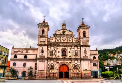 "Baroque-style Iglesia Los Dolores church with twin bell towers in Tegucigalpa, Honduras."
