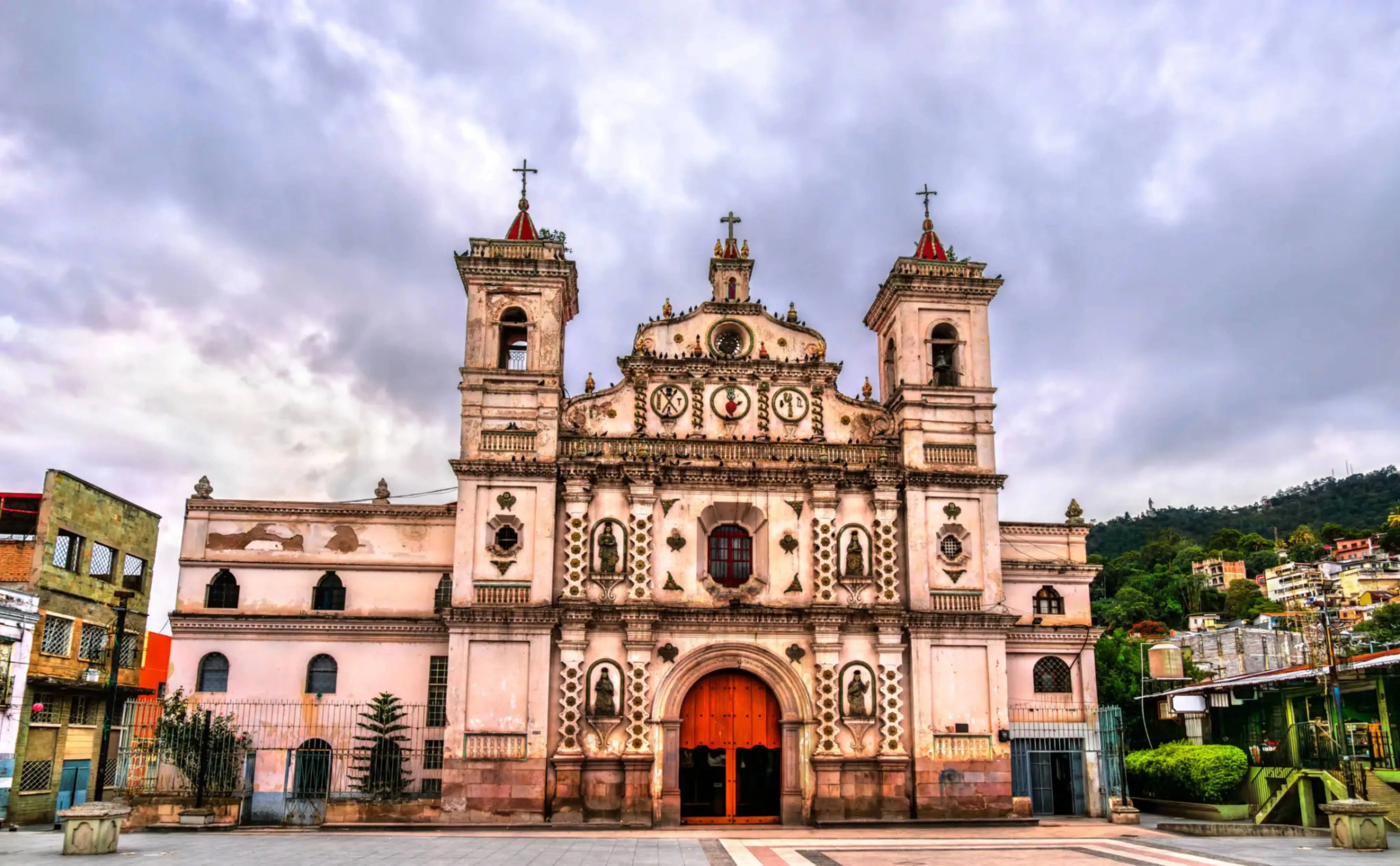 "Baroque-style Iglesia Los Dolores church with twin bell towers in Tegucigalpa, Honduras."