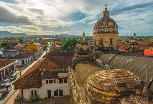"Aerial view of the Cathedral of Granada in the historic colonial city of Granada, Nicaragua."