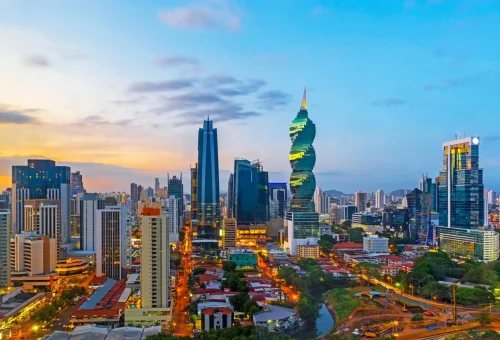 "Panama City skyline with the iconic spiral-shaped F&F Tower at sunset, Panama."