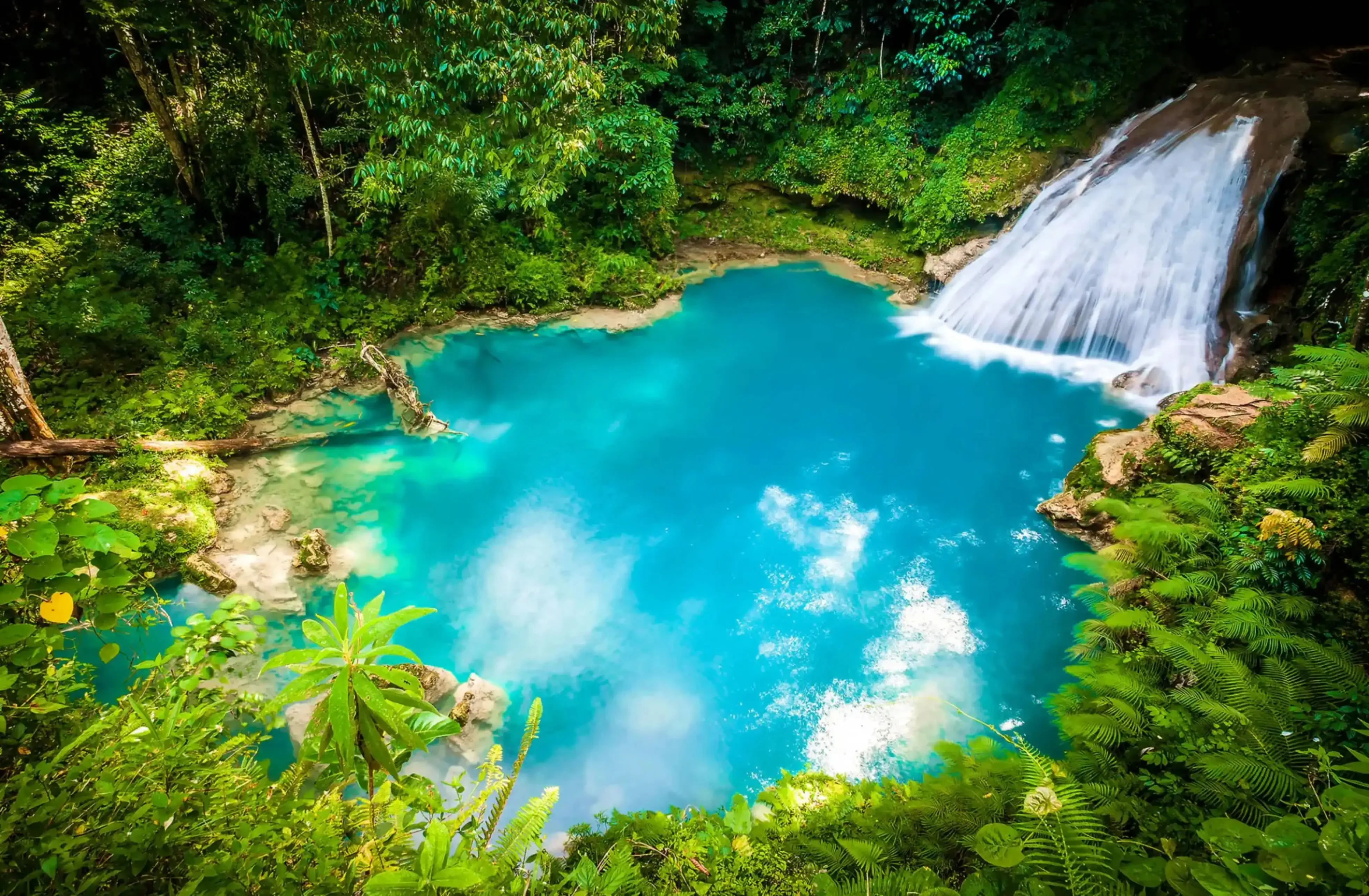 "Reach Falls waterfall flowing into a turquoise pool surrounded by dense tropical forest in Portland Parish, Jamaica."