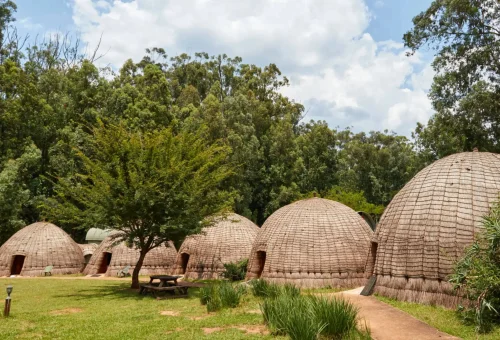 "Traditional Zulu beehive huts in a green forested area of South Africa."