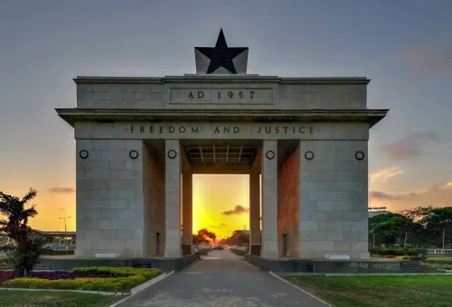 "Independence Arch monument at sunset in Accra, Ghana."