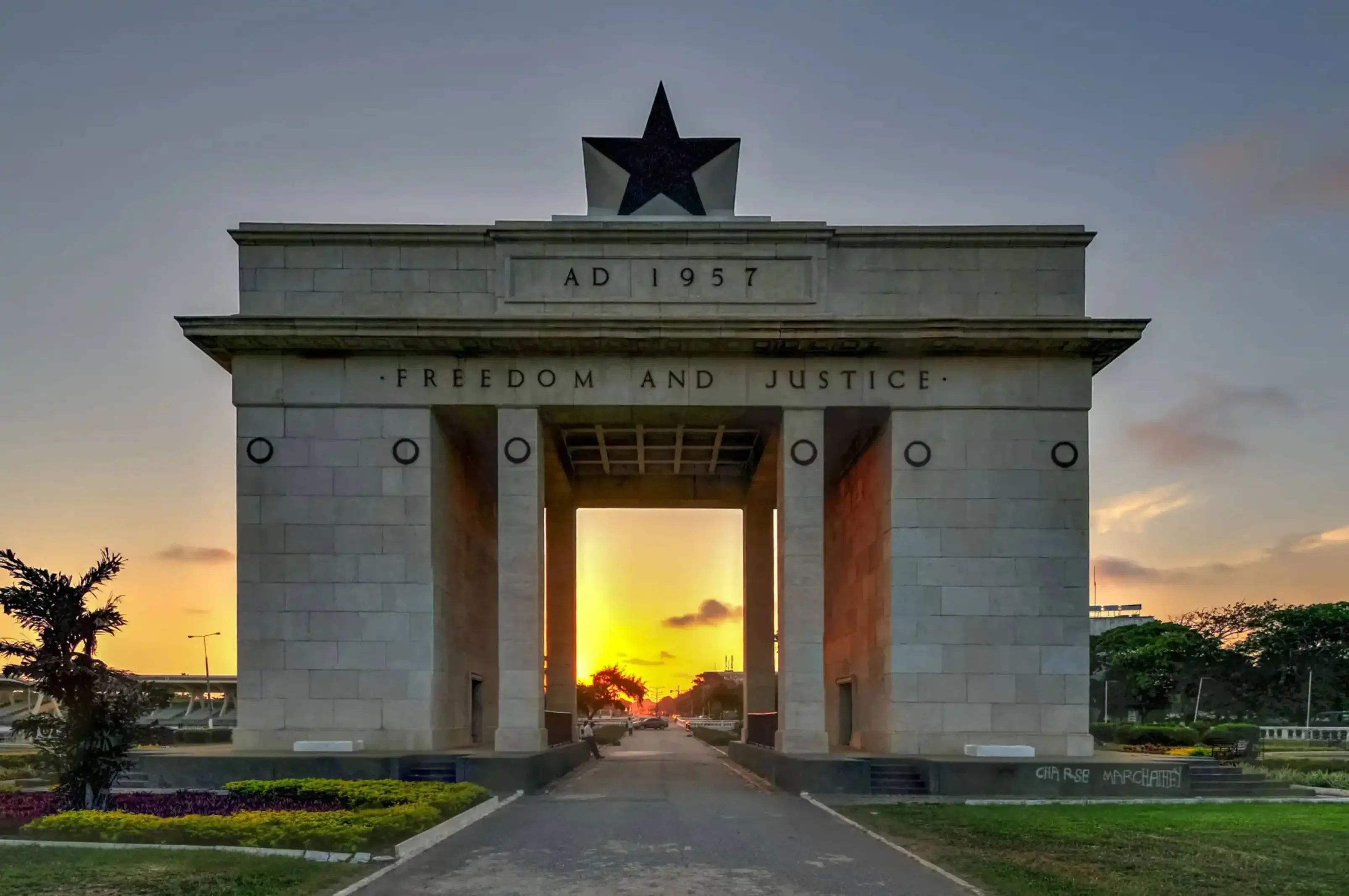 "Independence Arch monument at sunset in Accra, Ghana."