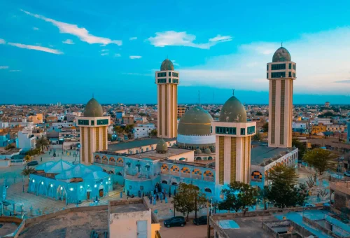 "Great Mosque of Touba at sunset in Touba, Senegal."