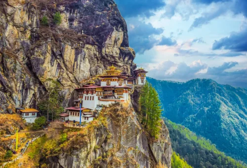 Tiger’s Nest Monastery (Paro Taktsang) perched on a cliffside in the mountains of Bhutan.