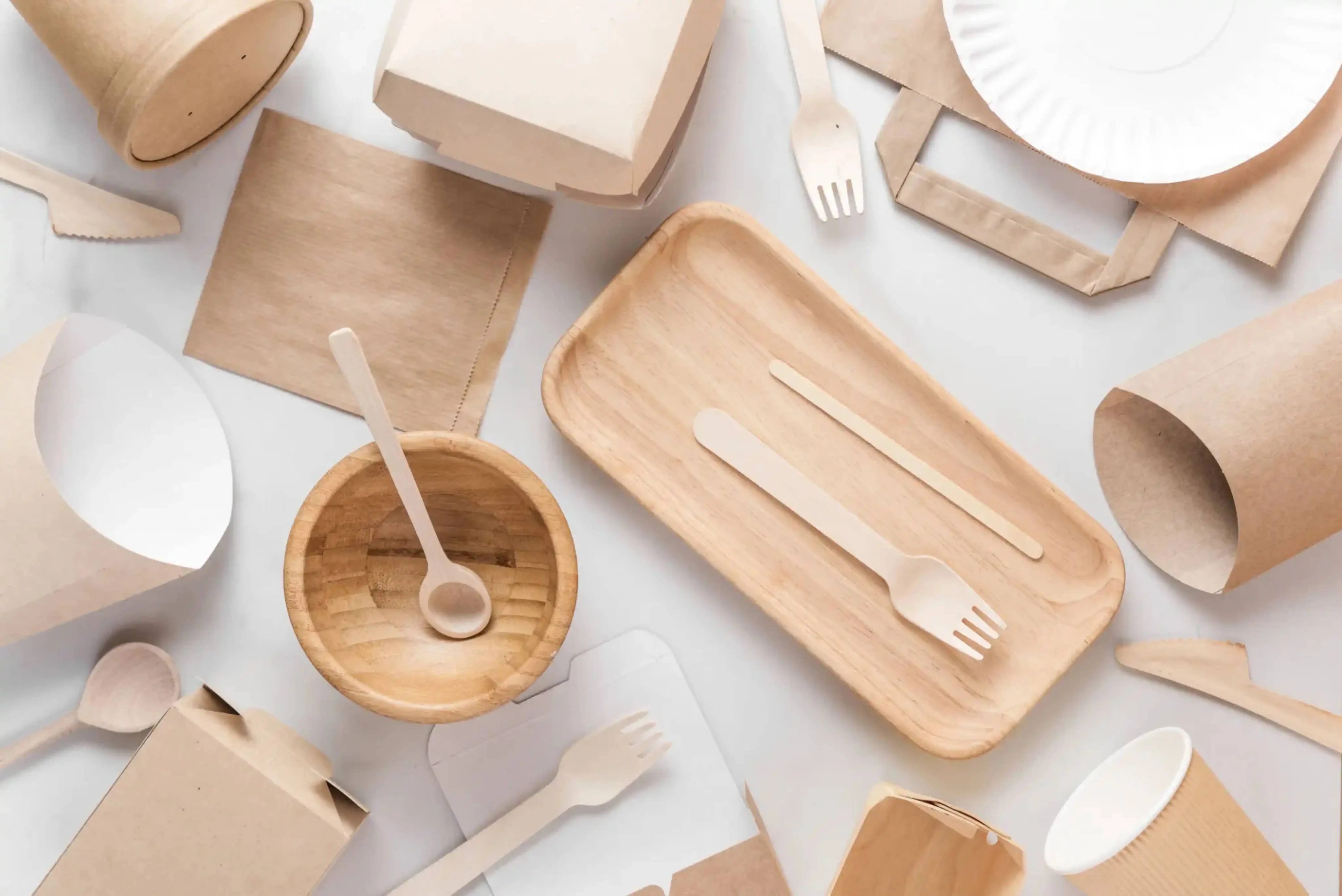Eco-friendly disposable tableware made from bamboo and kraft paper, including plates, cups, trays, and utensils arranged on a white background