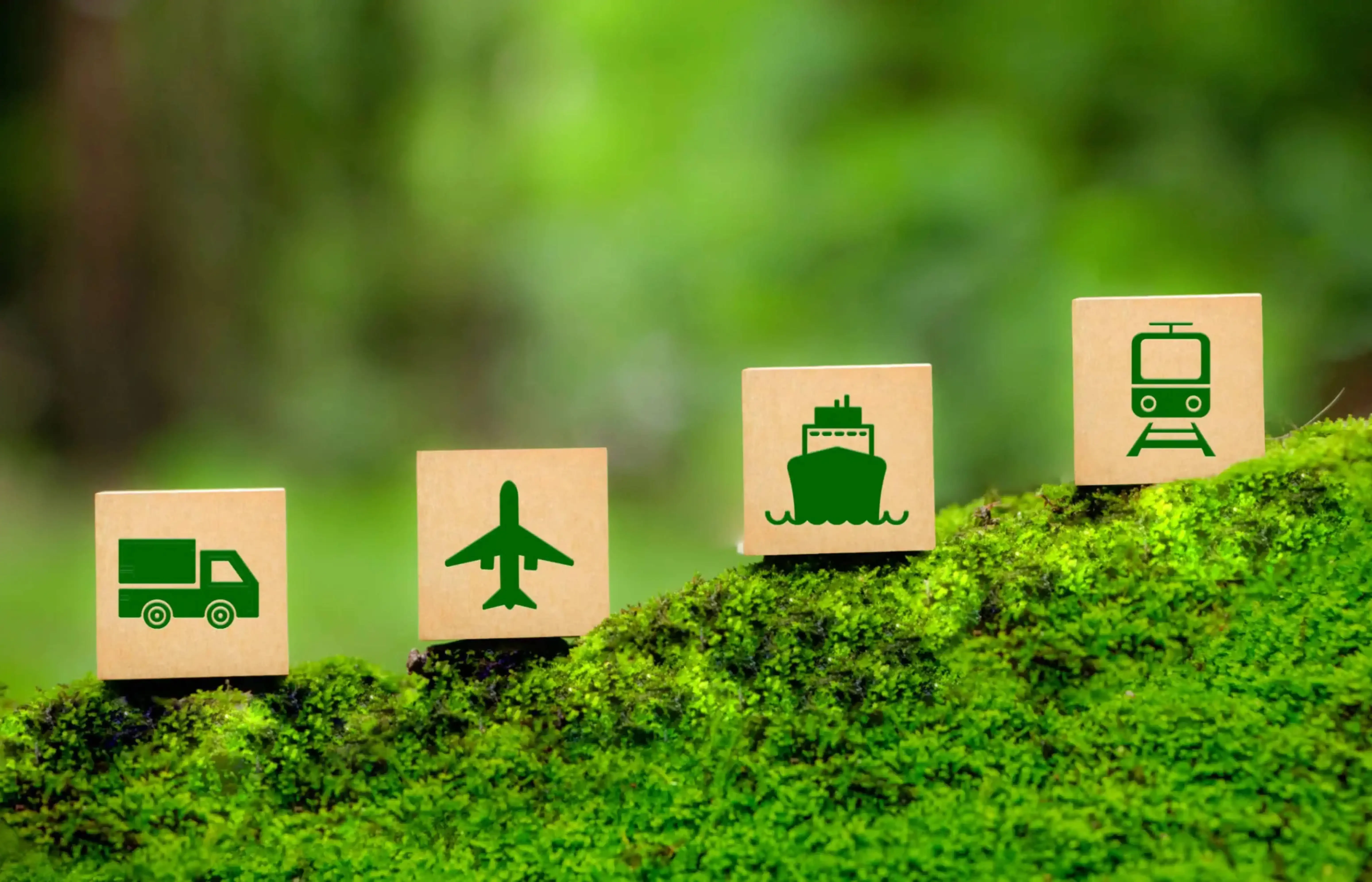 Eco-friendly wooden blocks displaying green icons of truck, airplane, ship, and train over lush moss background, symbolizing sustainable travel options
