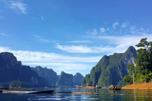 Longtail boat on Cheow Lan Lake in Khao Sok National Park Thailand