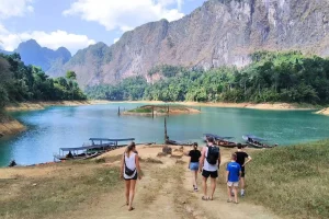 Bamboo raft pier on Cheow Lan Lake Khao Sok