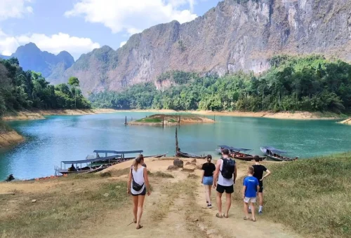 Bamboo raft pier on Cheow Lan Lake Khao Sok