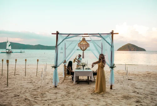 Phuket sunset dining table beach Coral Island