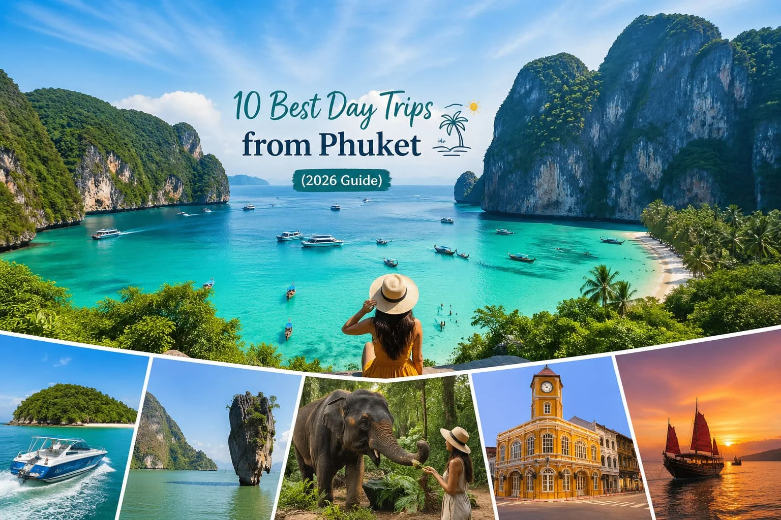 Scenic view of turquoise sea and limestone cliffs in Phuket with boats, plus highlights of island tours, elephant sanctuary, and Old Town—best day trips from Phuket Thailand 2026