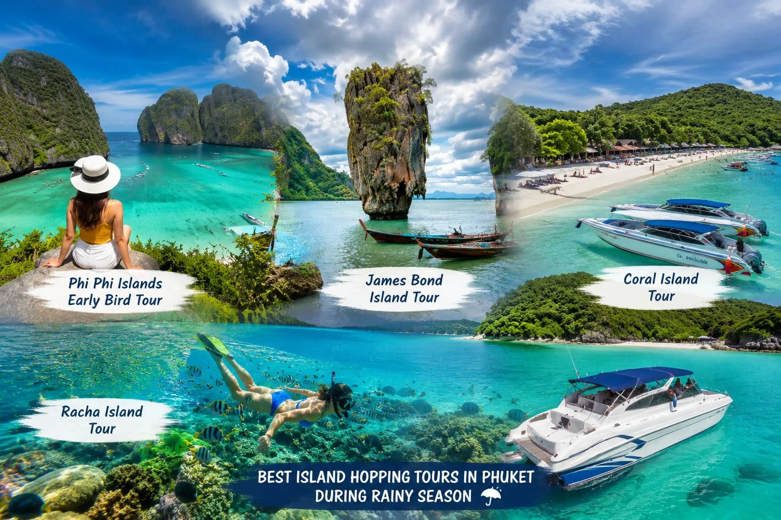 Best island hopping tours in Phuket during rainy season featuring Phi Phi Islands, James Bond Island, Coral Island and Racha Island with Phuket Travel Store boats on tropical sea