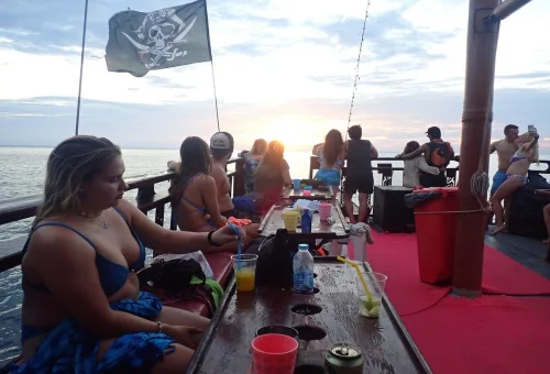 Pirate boat near Maya Bay Phi Phi Islands Thailand scenic view