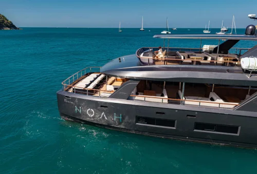 Luxury catamaran waiting at Phuket marina before departing for Phi Phi Islands.