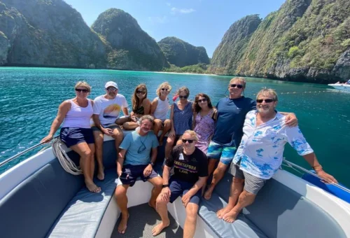 Group enjoying a private speedboat tour around the Phi Phi Islands from Phuket