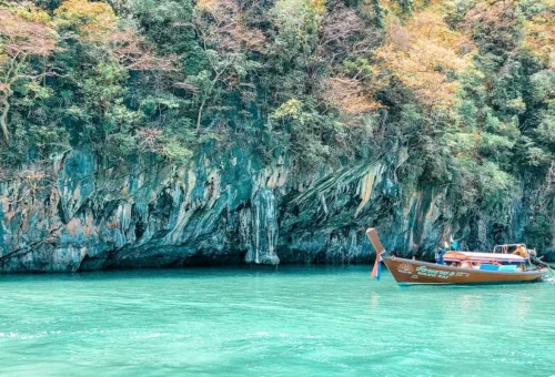 Beautiful tropical beach surrounded by turquoise water during Krabi island hopping