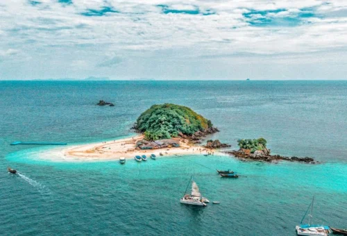 Khai Island aerial view with white sand and turquoise water near Phuket