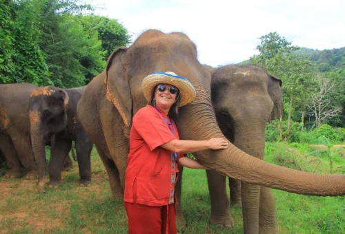 Guest enjoying an elephant caring experience at Elephant Rescue Park in Chiang Mai