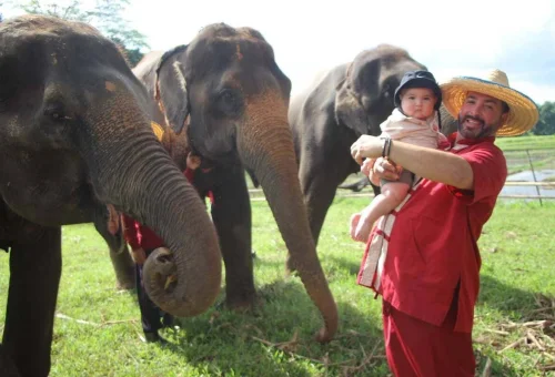 Family enjoying a Chiang Mai Elephant Rescue Park full-day experience with elephants in Thailand