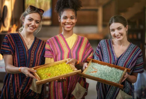Visitors learning about sustainable elephant poop paper making in Chiang Mai
