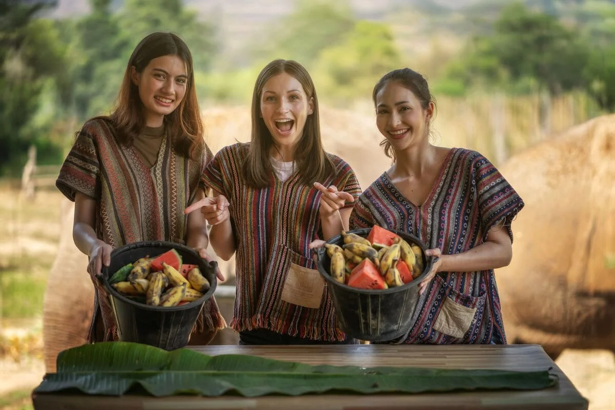 Visitors preparing fresh fruit for elephants at Chiang Mai Elephant Jungle Sanctuary