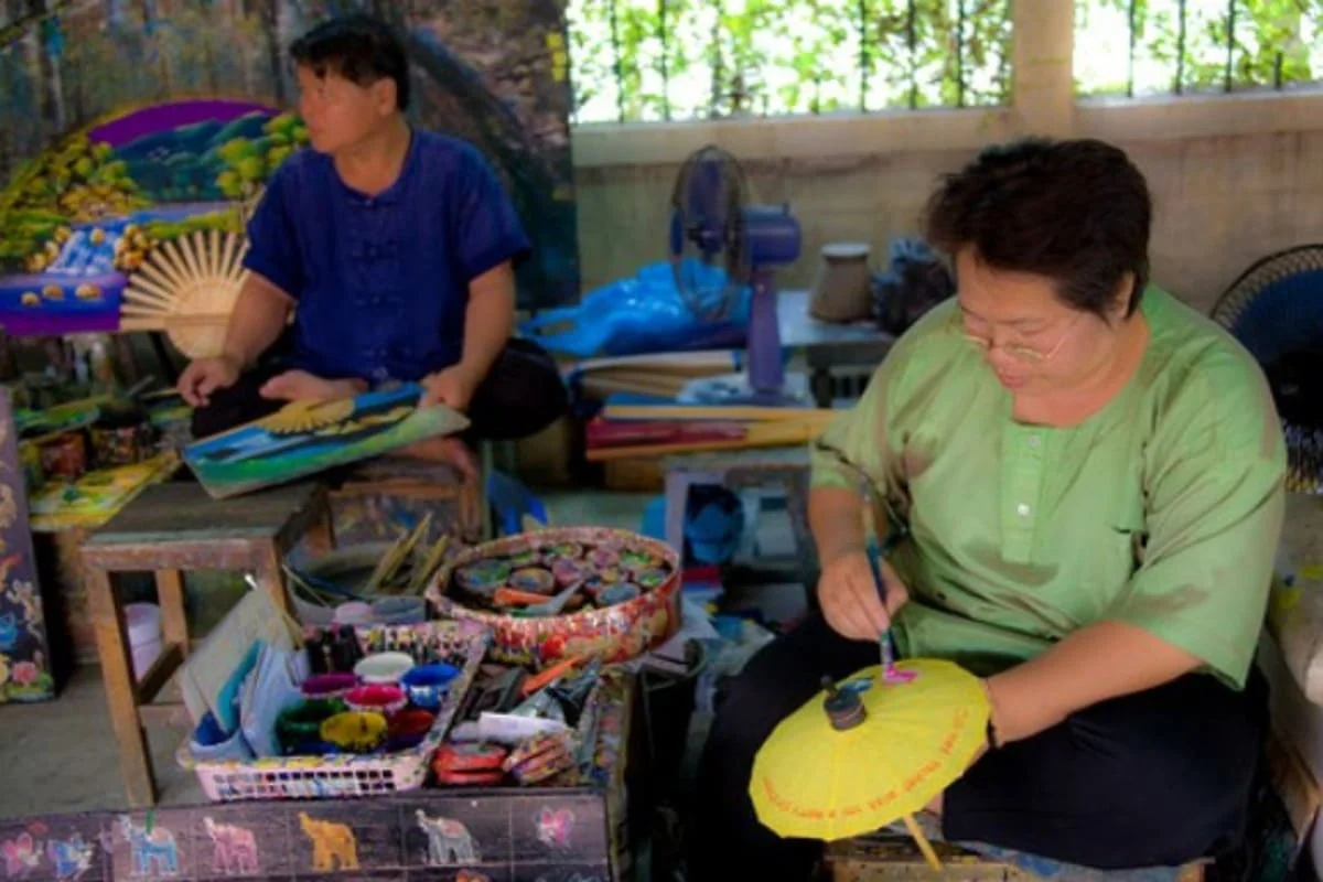 Handcrafted Thai umbrellas at a San Kamphaeng workshop