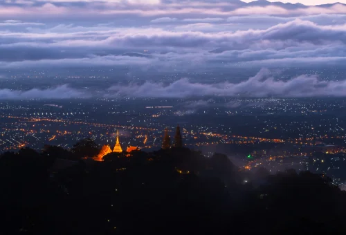 Night view of Chiang Mai from Doi Suthep with temple lights