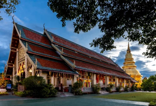 Wat Phra That Hariphunchai temple and golden chedi in Lamphun Thailand