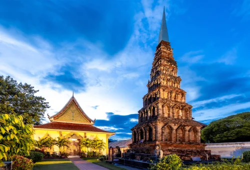 Ancient Buddhist temple and brick chedi in Lamphun Northern Thailand