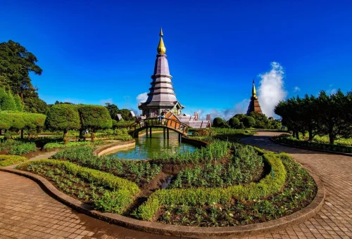 Doi Inthanon Twin Pagodas and landscaped gardens in Chiang Mai Thailand