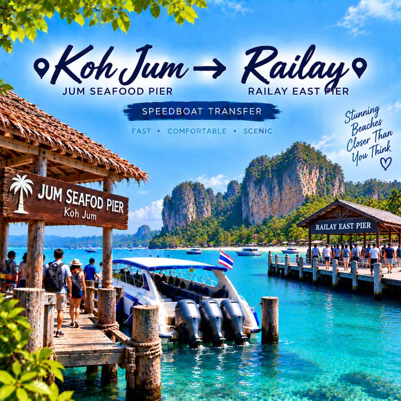 Koh Jum to Railay speedboat transfer from Jum Seafood Pier to Railay East Pier