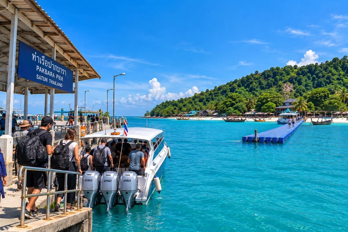 Satun Pakbara Pier to Koh Lipe speedboat transfer with passengers boarding