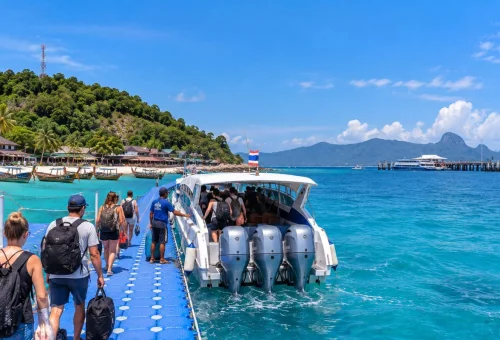 Koh Lipe to Satun Pakbara Pier speedboat transfer with passengers boarding