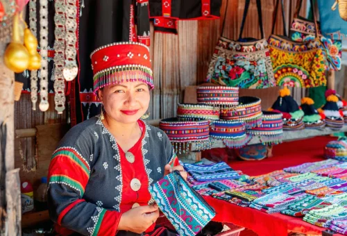 Traditional hill tribe handicrafts at a Chiang Rai village market