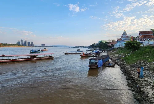 Mekong River and traditional boats in Chiang Saen near the Golden Triangle