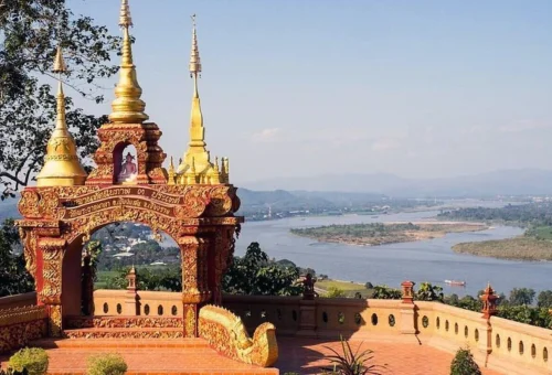 Golden temple viewpoint overlooking the Mekong River and Golden Triangle