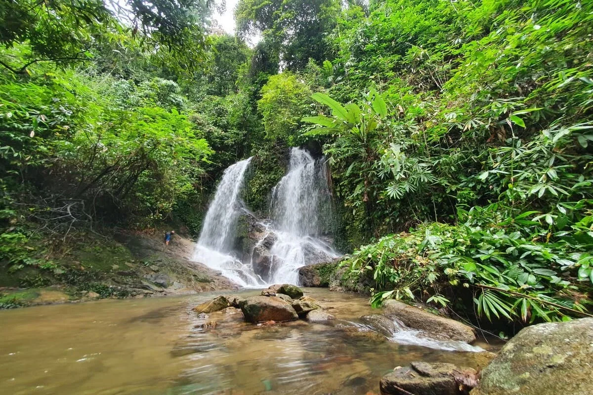 Hidden waterfall surrounded by lush tropical rainforest near Khao Lak, Thailand