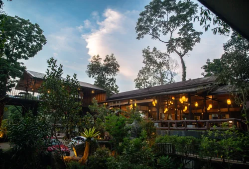 Open-air restaurant surrounded by tropical greenery at Rock and Treehouse Resort