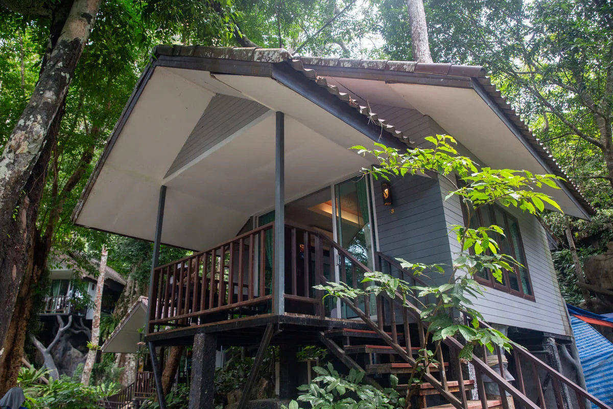 Treehouse-style accommodation surrounded by tropical rainforest on a Khao Sok overnight tour