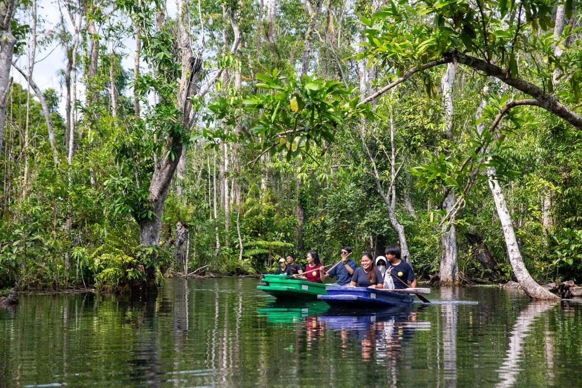 Group of visitors canoeing together through a peaceful rainforest waterway in Khao Sok, Thailand