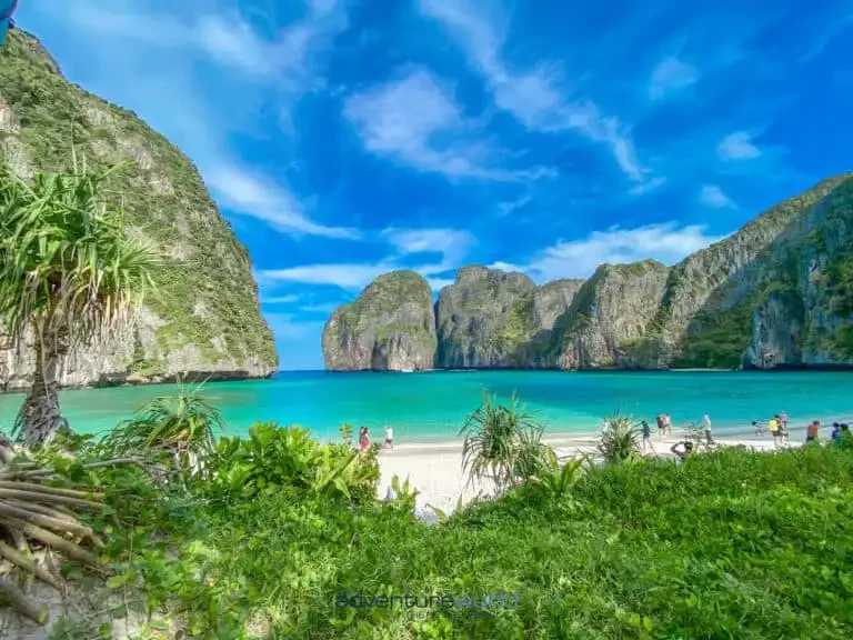 Iconic beach cove at Phi Phi Islands at sunrise with soft sand and limestone cliffs, evoking the famous ‘The Beach’ scenery”