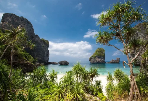 Sunrise over Nui Bay at Phi Phi Islands with calm turquoise water and limestone cliffs